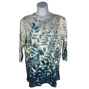 Leaf Pattern Long-Sleeve Womens Blouse XL Blue White Stretch Crewneck Lightweigh